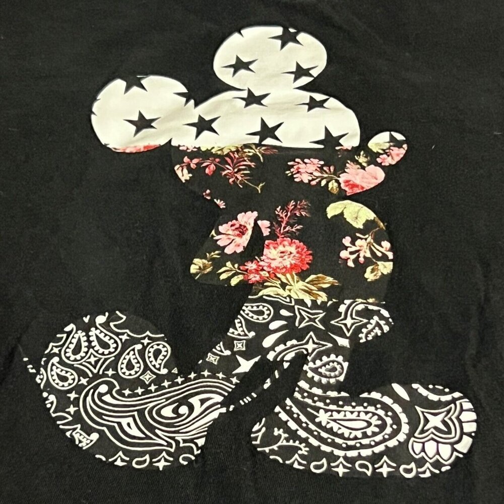 Disney Mickey Mouse Black T Shirt Collection Women Print Paisley Large READ